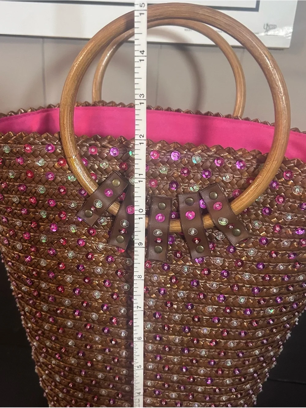 Victoria’s Secret Rhinestone Straw Tote Wooden Handles Pink Lined Beach Bag